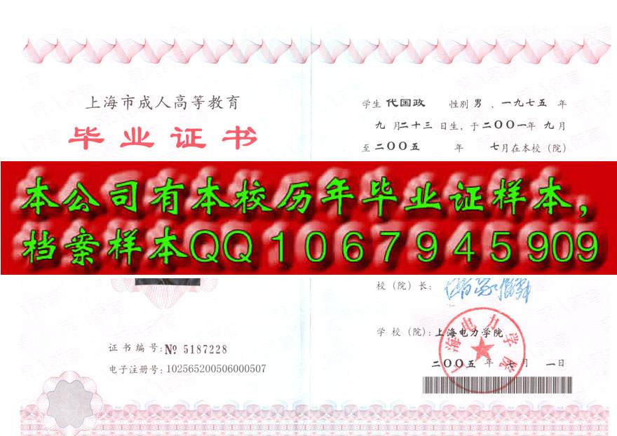 上海电力学院毕业证样本